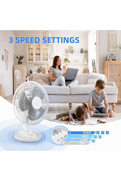 RADIOTRONICS 12-inch Oscillating Table Fan, 3-Speed, Adjustable Tilt (White)