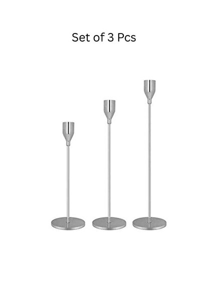 Generic Set of 3 Silver Metal Taper Candle Holders – Modern Decorative Candle Stand Trio