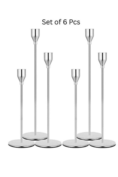 Generic Set of 6 Silver Metal Taper Candle Holders – Modern Minimalist Candle Stand