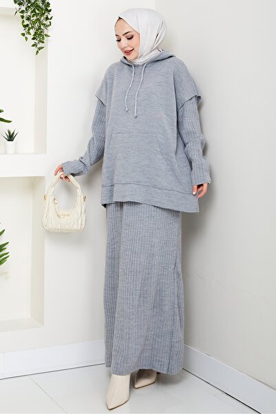 Bestenur Hooded Tunic Dress Knitwear Set 1645 - Gray