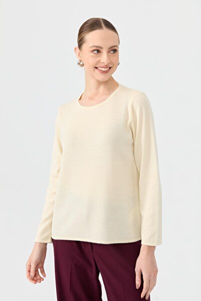 Desen Triko Women's Crew Neck Long Sleeve Basic Wool Blouse Bone