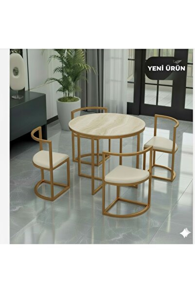 EDMONDA EV AKSESUAR EYLÜL GOLD METAL 90 CM ÇAP YUVARLAK YEMEK MASASI TAKIMI 4 KİŞİLİK BALKON MASASI TAKIMI MUTFAK MASASI