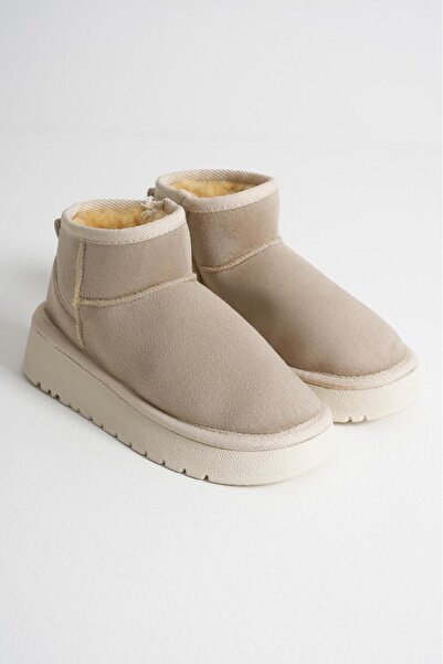 Adım Dünyası Γυναικείες μπότες με ψηλό τακούνι με χοντρή σόλα, μπεζ σουέντ, με επένδυση από γούνα, χειμερινές κοντές μίνι μπότες Ug