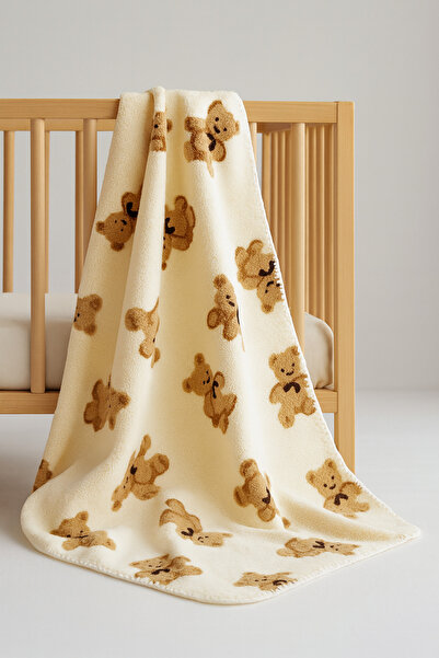 eradkids Premium Teddy Bear Detailed Cream Welsoft Baby Blanket / Lux Baby Gift
