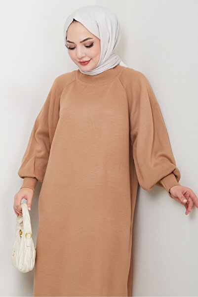 Bestenur Φόρεμα πλεκτό με μανίκια μπαλόνι 1600 - Ανοιχτό καφέ