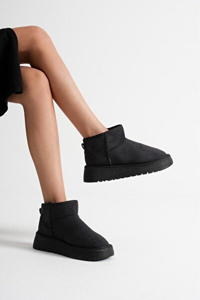 Adım Dünyası Kadın Siyah Süet Içi Kürklü Kalın Tabanlı Yüksek Topuklu Taban Kışlık Bilekte Kısa Mini Ug Bot