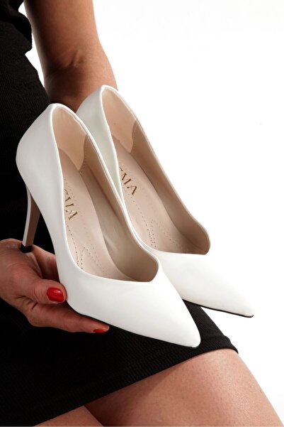 Y ESMA Stiletto White Skin - Medium Thin Heel, V Mouth Low-Cut Women's Shoes