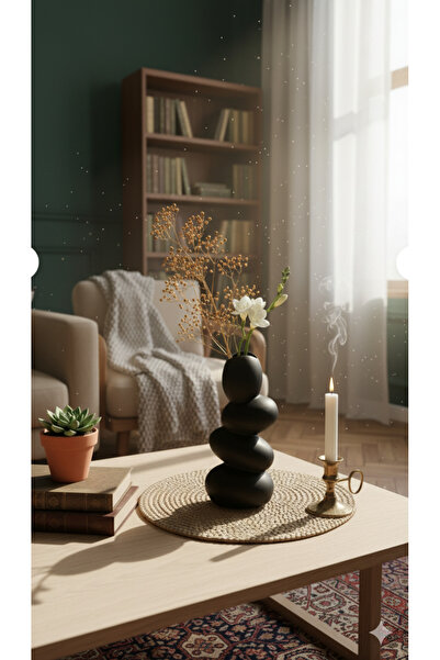 NocheLuz Mini Siyah Çakıl Taşı Dekoratif Vazo, Minimal Ev Aksesuarı, Boho Aks...