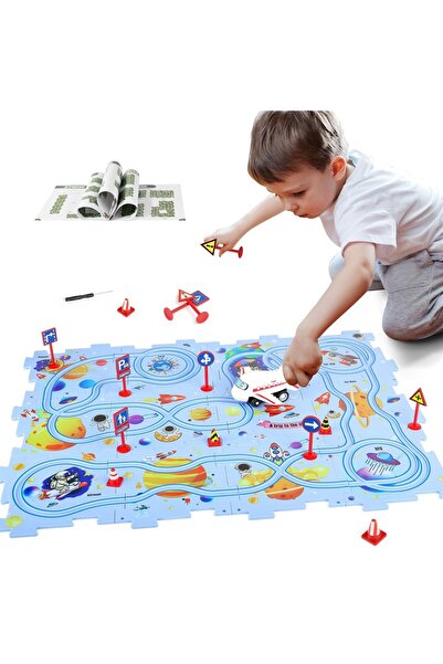 MACVI ® Educational Puzzle Set, 25 pcs, car & plane track, blue space design, 47×38 cm, 3+ yrs