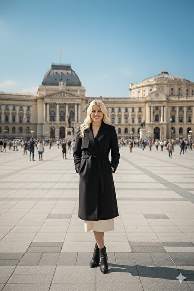 LİMABEL Bella Coat Black Belted Pocketed Long Cashmere Winter Women's Coat-1