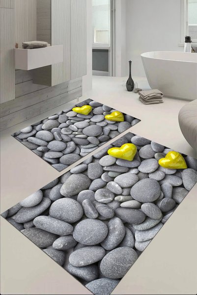 EVİMSEN Digital Printed Washable and Non-Slip Base Heart Stone Model Bath Mat Toilet Set