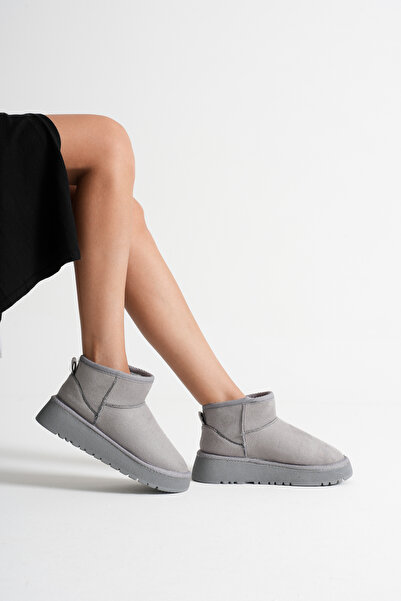 Adım Dünyası Kadın Gri Süet Içi Kürklü Kalın Tabanlı Yüksek Topuklu Taban Kışlık Bilekte Kısa Mini Ug Bot