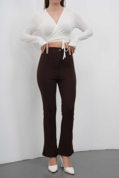 makarimato Women's Crepe Fabric Lycra Front Crocheted Flare Leg Palazzo Trousers