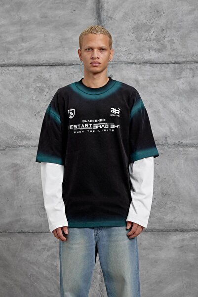 NOMARC Siyah RESTART BASKILI KOLU PARÇALI SWEATSHIRT