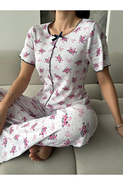 HATEX طقم بيجامة من القطن المضلع بأكمام قصيرة مع تفاصيل فيونكة