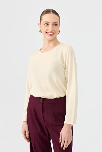 Desen Triko Women's Crew Neck Long Sleeve Basic Wool Blouse Bone