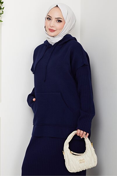 Bestenur Hooded Tunic Dress Knitwear Set 1645 - Navy Blue