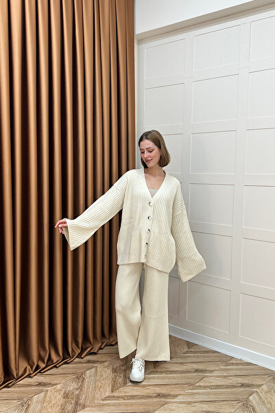 Stilife Κρέμα Σετ Πλεκτών Ζακέτας Galata κοτλέ