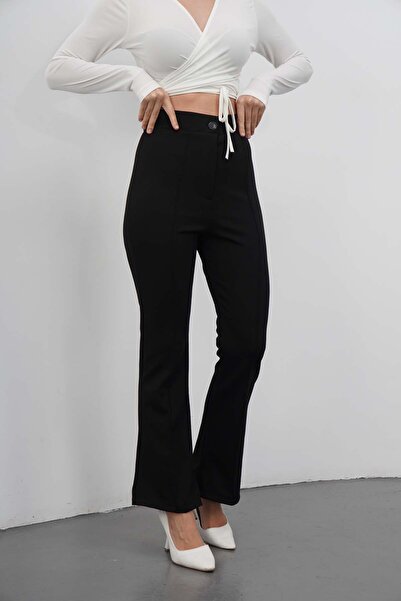 makarimato Women's Crepe Fabric Lycra Front Crocheted Flare Leg Palazzo Trousers