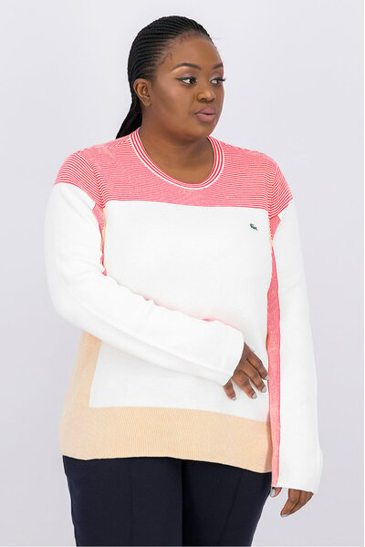 Lacoste Women Crew Neck Ribbed Sweater, White and Red