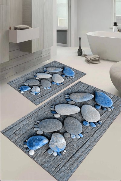 EVİMSEN Digital Printed Washable and Non-Slip Based Footprint Patterned Bath Mat Toilet Set
