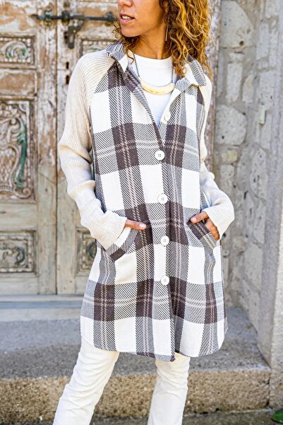 NEW LAVİVA Women's Knitwear Paneled Plaid Cashmere Mock Neck Button Detailed ...