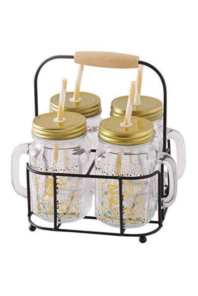 Premium 4-Piece Bellissimo Mason Jar Set With Stand - Multicolour