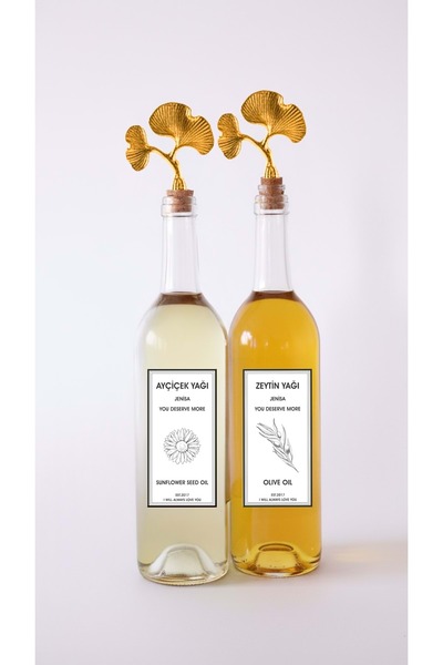 Jenisa Altın Ginkgo Akıtmaz Tıpalı Dibi Çukur Şeffaf Cam Şişe 2'li 750 Ml Yağdanlık Yağlık