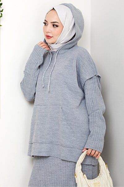Bestenur Hooded Tunic Dress Knitwear Set 1645 - Gray