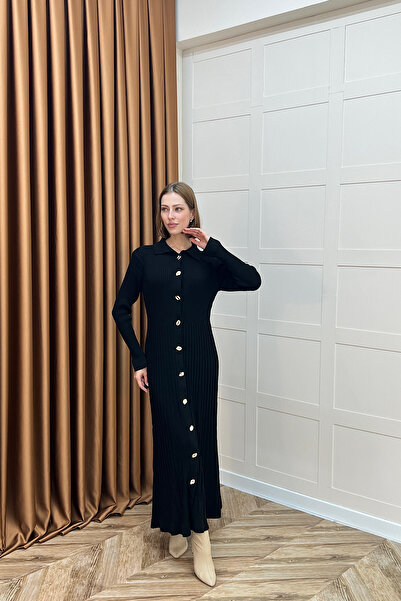 Stilife Πλεκτό φόρεμα με κουμπιά Endam Μαύρο