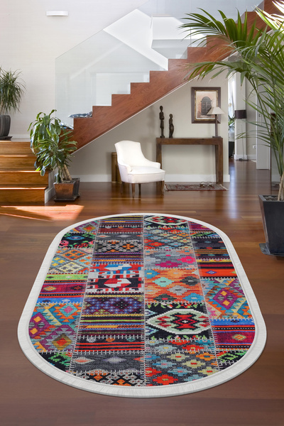 Dijidekor Digital Oval Fringed Carpet 9010 Model Multi-Color Erasable 100X250
