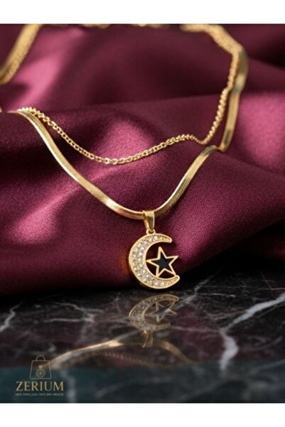 ZERİUM قلادة لونا ستار - قلادة نسائية أنيقة باللون الذهبي مع شكل الهلال والنجمة