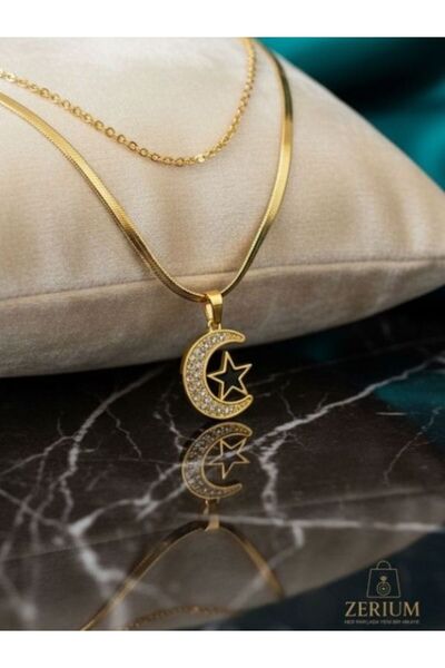 ZERİUM Luna Star Charm – Hilal ve Yıldız Figürlü Altın Renk Zarif Kadın Kolye