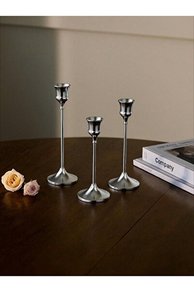 bliss store Gümüş 3 lü Şamdan , mum tutacağı