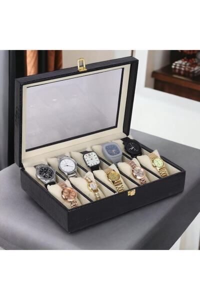 varioshop Κουτί οργάνωσης για 12 ρολόγια, βραχιόλια και κοσμήματα, τεχνητό δέρμα, διαφανές καπάκι, μαγνήτης