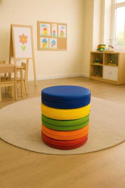 Cushion Design ANAOKULU MİNDERİ 40x40X8CM YUVARLAK RENKLİ DERİ ÇOCUK OYUN VE KREŞ EĞİTİM 5'li MİNDER SETİ