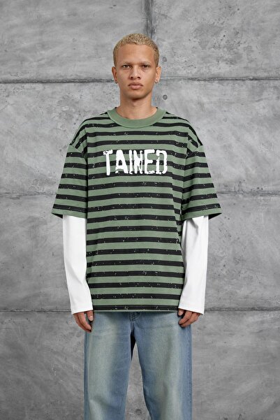 NOMARC Haki TAINED BASKILI KOLU PARCALI ОVERSIZED СВИТЕР