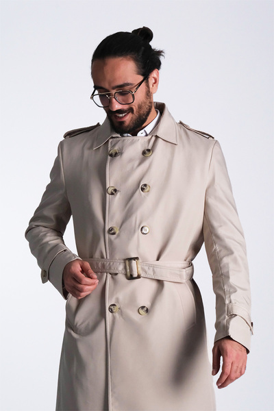 D1fference KARAN Erkek Regular Fit Kruvaze Kapama Kemerli Apoletli Uzun Trençkot