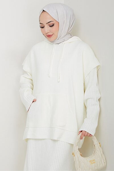 Bestenur με κουκούλα Σετ πλεκτό φόρεμα τουνίκ 1645 - Λευκό