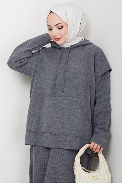 Bestenur Hooded Tunic Dress Knitwear Set 1645 - Anthracite