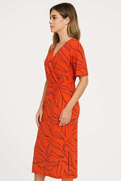 Şans Women's Plus Size Pomegranate, Low Arm, Front Detailed Patterned Jersey Dress 65N39210