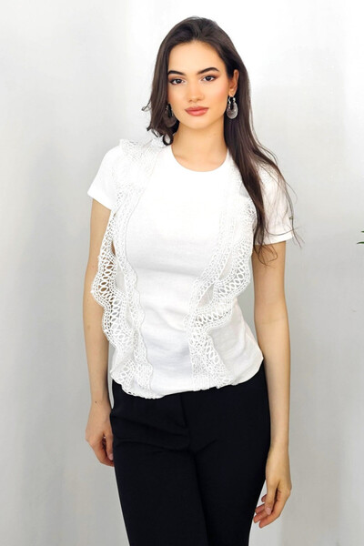 FashionForYou Abe women's T-shirt, with lace trim and striped texture, White