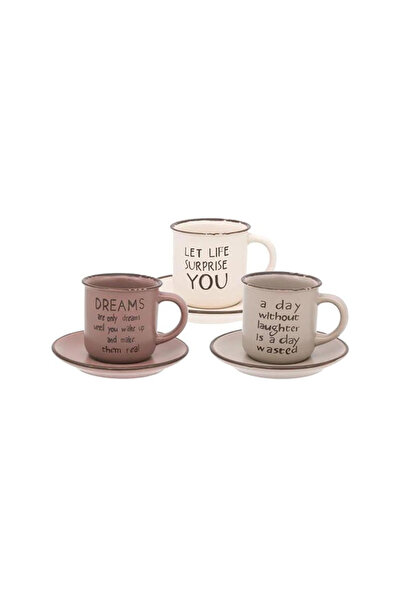 Housevetta Set of 3 coffee cups, ceramic, with saucers, pattern with message, 130 ml