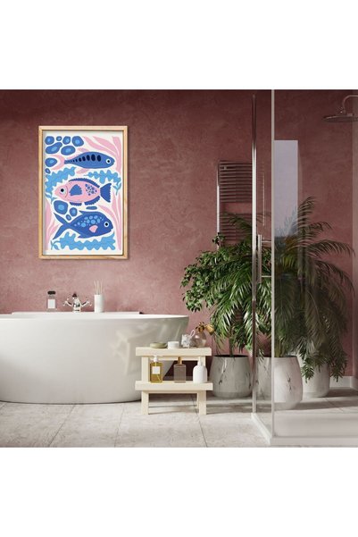GAAGART Tekli Ahşap Lamine Çerçeveli Mdf Banyo Tablosu Mavi Balıklar