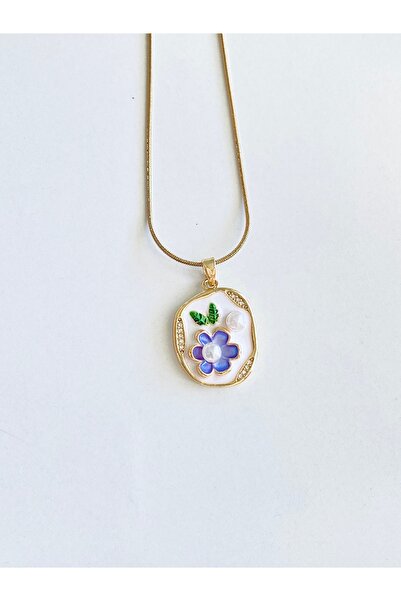 Ustaeller قلادة فولاذية مصممة بشكل هندسي بلون ذهبي مع ميناء أبيض بالداخل، مزينة بالزهور واللؤلؤ