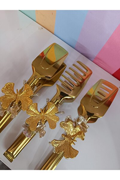 DEKOR ZÜCCACİYE HOME Set of 3 Gold Metal Butterfly Serving Tongs