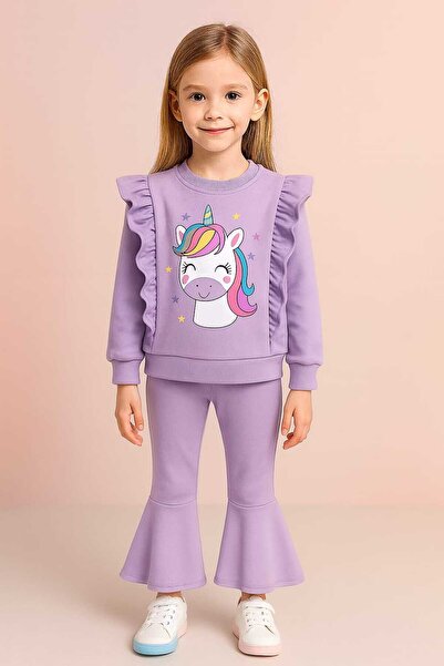 bebekpare Girl's Top and Bottom Set Horse Printed Transitional (Non-Brushed Fabric)