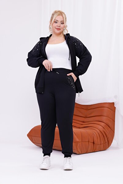 Siyezen Plus Size Pearl Patchwork Detailed Tracksuit Set