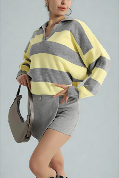 AURRARİ Polo Neck Gray Yellow Striped Knit Sweater