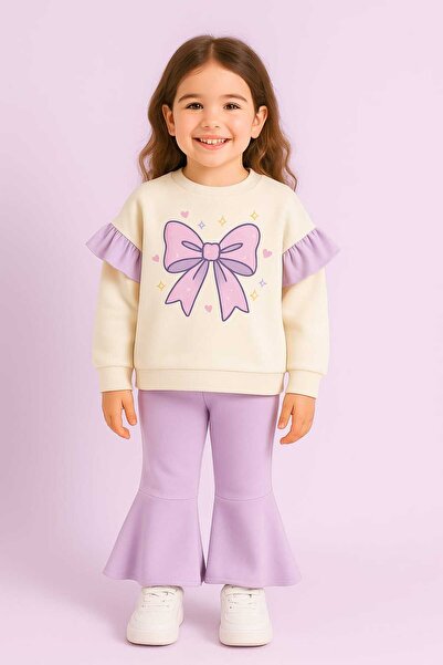 bebekpare Girl's Top and Bottom Set Lilac Ribbon Printed (Non-Shardon Fabric) 100% Cotton